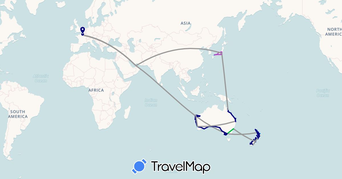 TravelMap itinerary: driving, bus, plane, train, boat, hitchhiking in United Arab Emirates, Australia, France, Japan, New Zealand (Asia, Europe, Oceania)