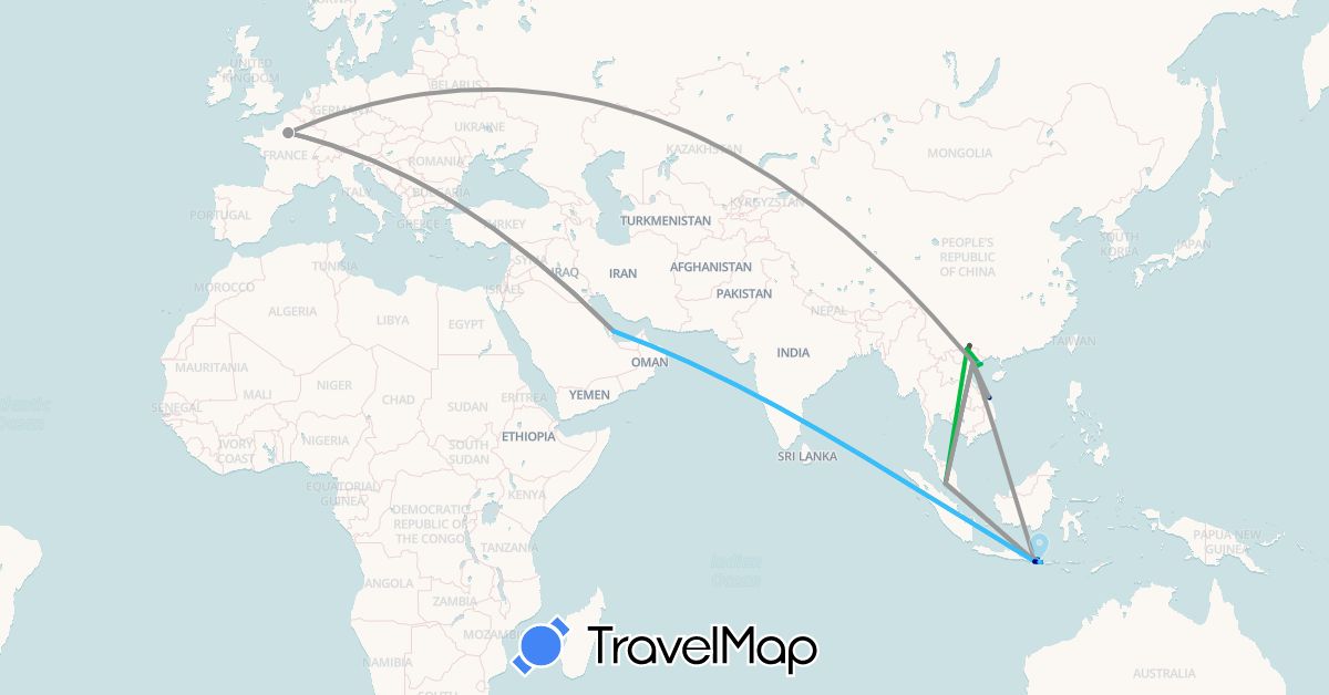 TravelMap itinerary: driving, bus, plane, boat, motorbike in France, Indonesia, Malaysia, Qatar, Vietnam (Asia, Europe)